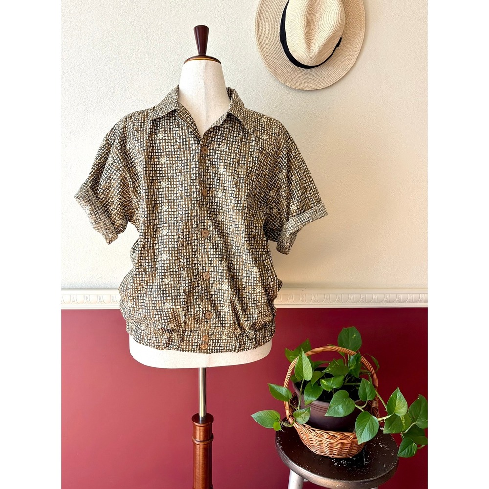Vintage Haband Button Up Shirt Banded Waist L Pockets Brown Tan Retro Sportswear